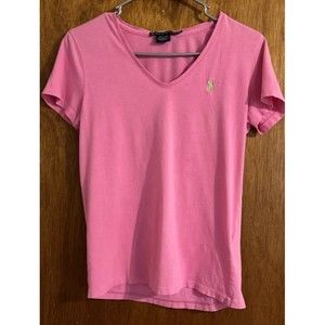 Ralph Lauren Sport Womens Pink T Shirt Top Green Pony Logo V Neck Sz M Ladies